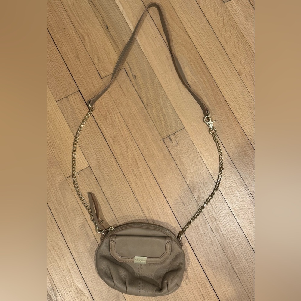 Foley + Corinna Beige Mini Crossbody Bag with Adjustable Gold Chain Strap